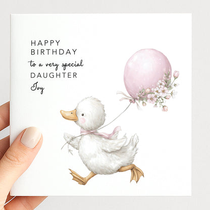 Daughter Birthday Card, Personalised Birthday Card for Daughter, Cute Duck & Balloon Design, Custom Name Birthday Greeting