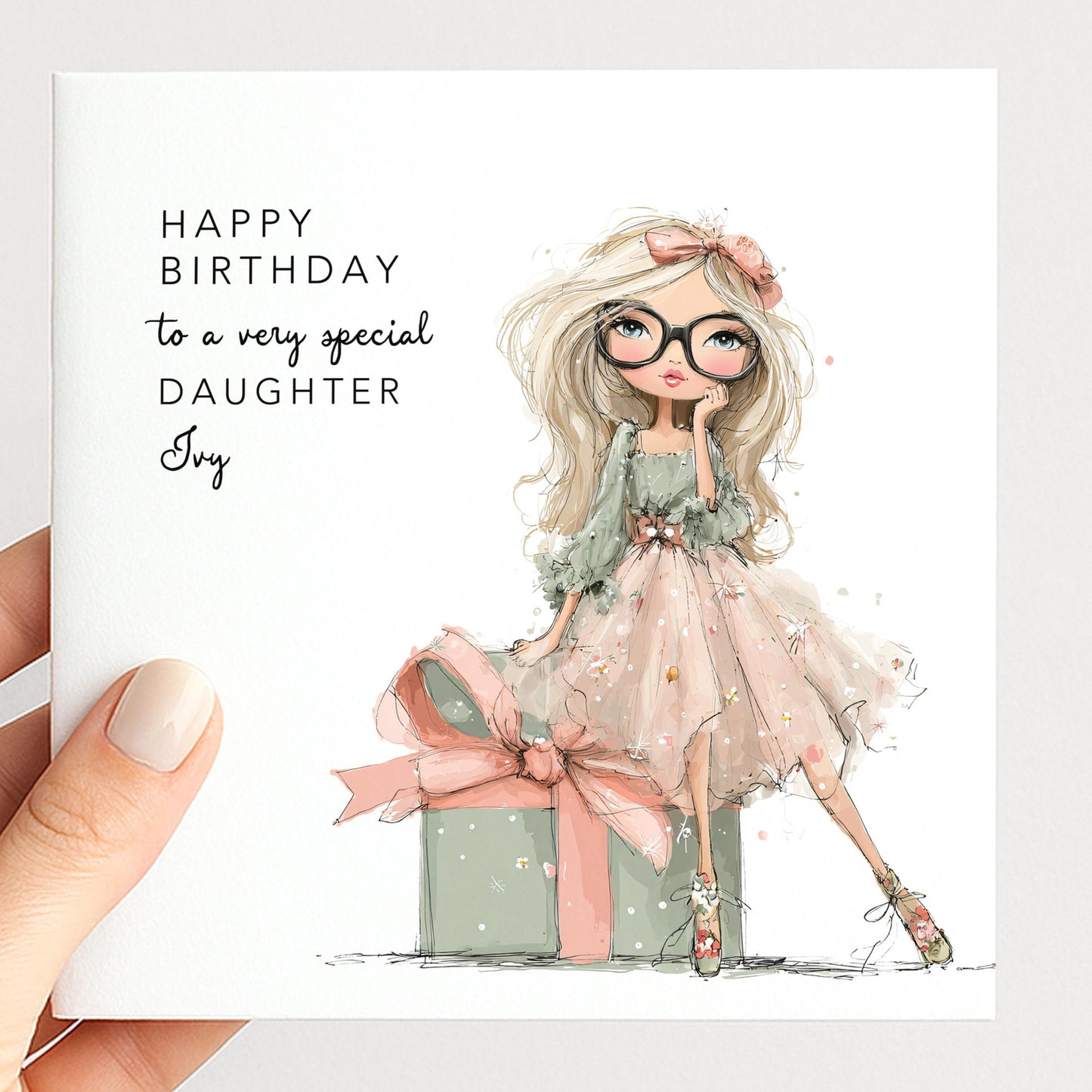 Daughter Birthday Card, Personalised Birthday Card for Daughter, Cute Girl with Glasses Design, Custom Name Birthday Greeting