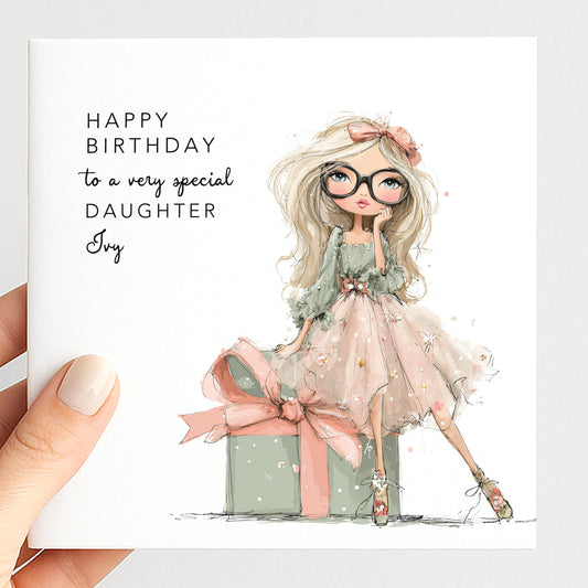 Daughter Birthday Card, Personalised Birthday Card for Daughter, Cute Girl with Glasses Design, Custom Name Birthday Greeting