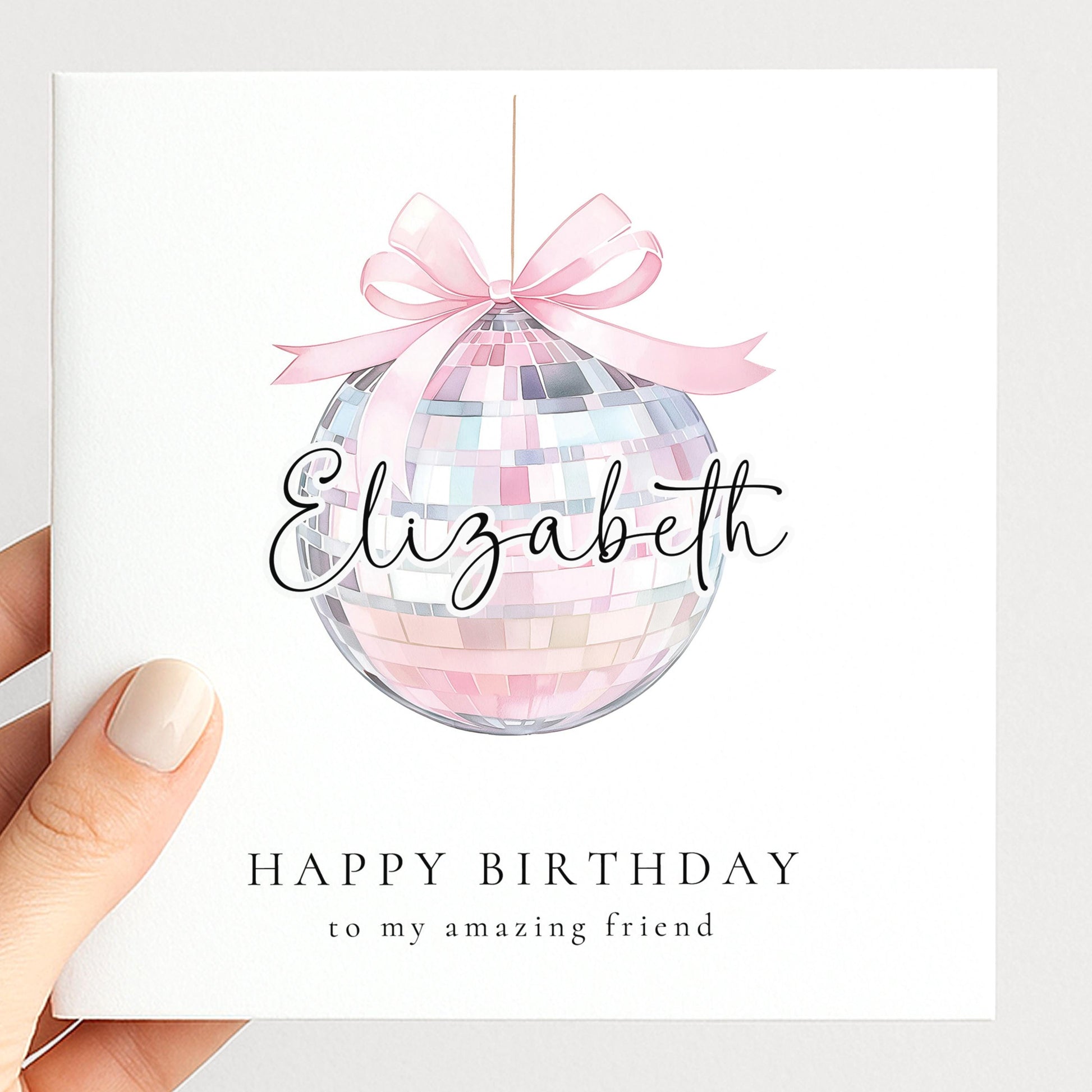 Pink Disco Ball Birthday Card Personalised, Happy Birthday Friend Card, Custom Name Birthday Card for Her, Cute Pastel Birthday Card