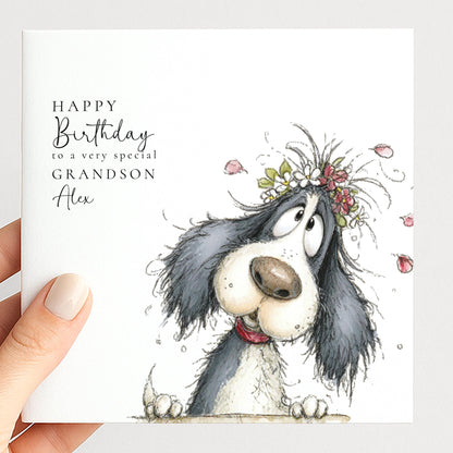 Grandson Birthday Card, Cute Dog Birthday Card for Grandson, Personalised Grandson Card, Floral Dog Illustration, Printed Birthday Card