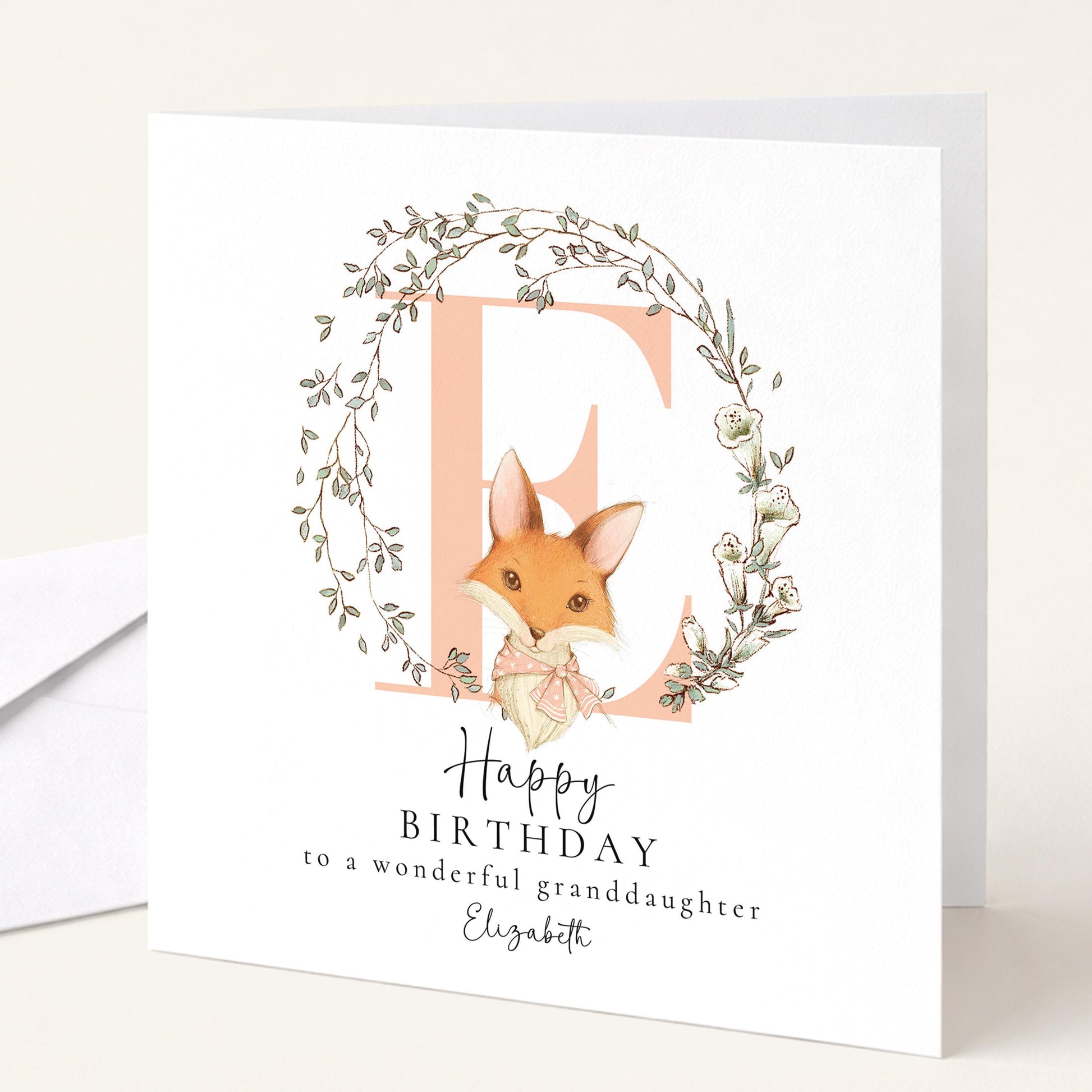 Granddaughter Birthday Card, Happy Birthday Granddaughter Card with Initial and Fox Design, Personalised Birthday Card