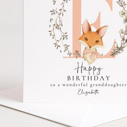 Granddaughter Birthday Card, Happy Birthday Granddaughter Card with Initial and Fox Design, Personalised Birthday Card