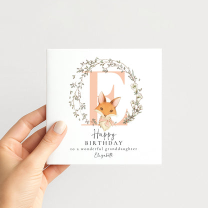 Granddaughter Birthday Card, Happy Birthday Granddaughter Card with Initial and Fox Design, Personalised Birthday Card