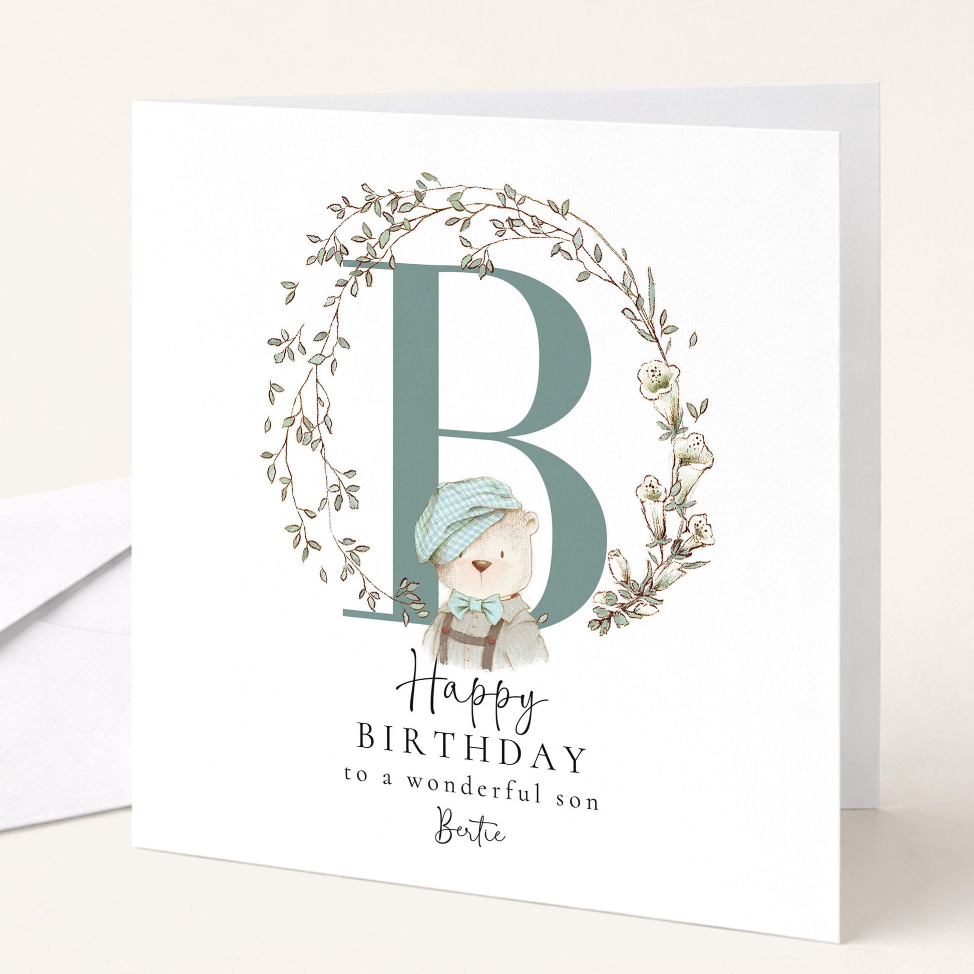 Son Birthday Card, Happy Birthday Son Card with Initial and Bear Design, Personalised Birthday Card