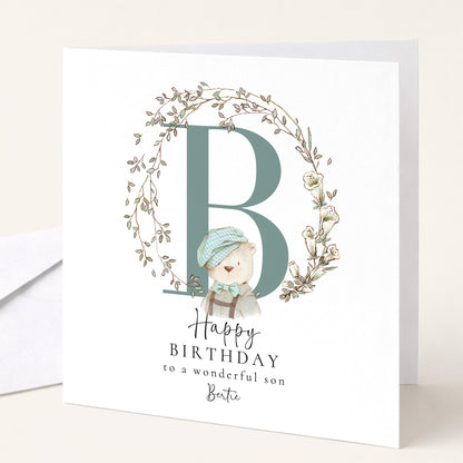 Son Birthday Card, Happy Birthday Son Card with Initial and Bear Design, Personalised Birthday Card