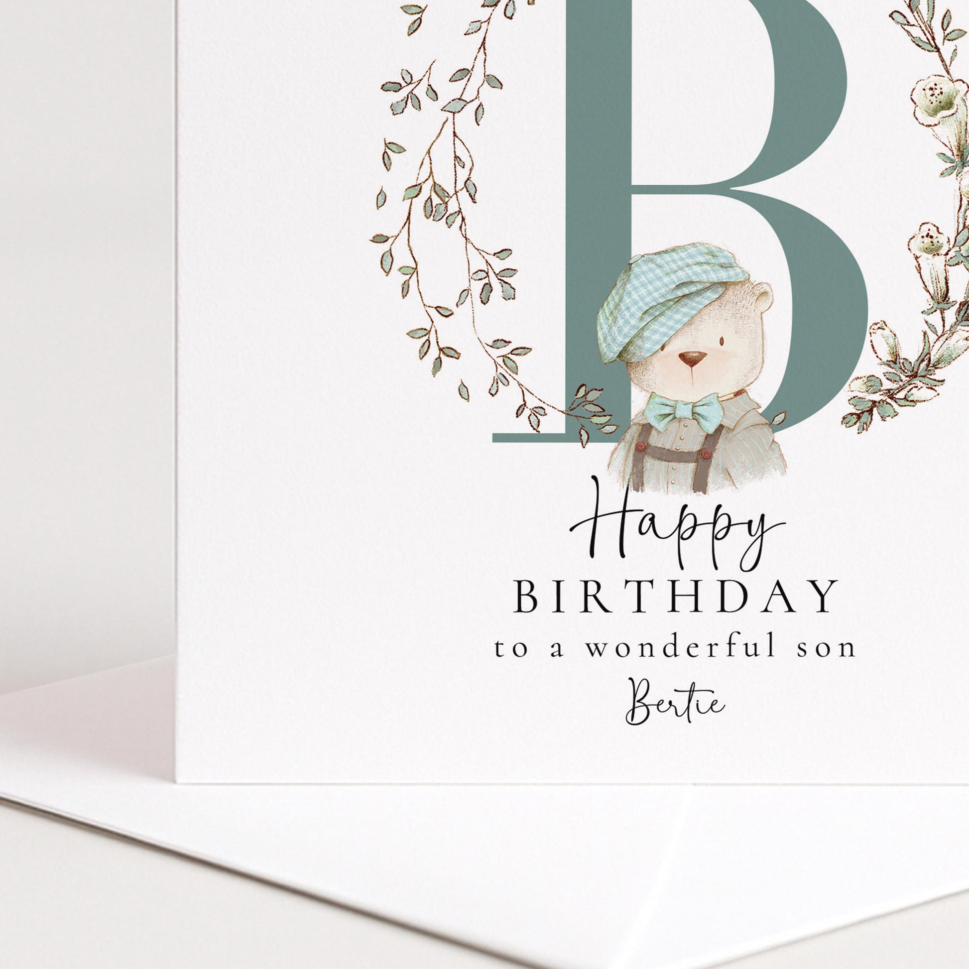 Son Birthday Card, Happy Birthday Son Card with Initial and Bear Design, Personalised Birthday Card