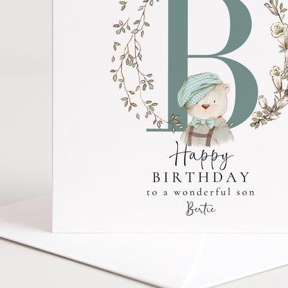 Son Birthday Card, Happy Birthday Son Card with Initial and Bear Design, Personalised Birthday Card