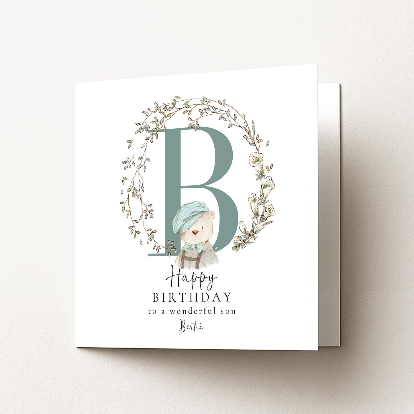 Son Birthday Card, Happy Birthday Son Card with Initial and Bear Design, Personalised Birthday Card