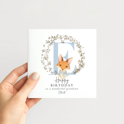 Grandson Birthday Card, Happy Birthday Grandson Card with Initial and Fox Design, Personalised Birthday Card