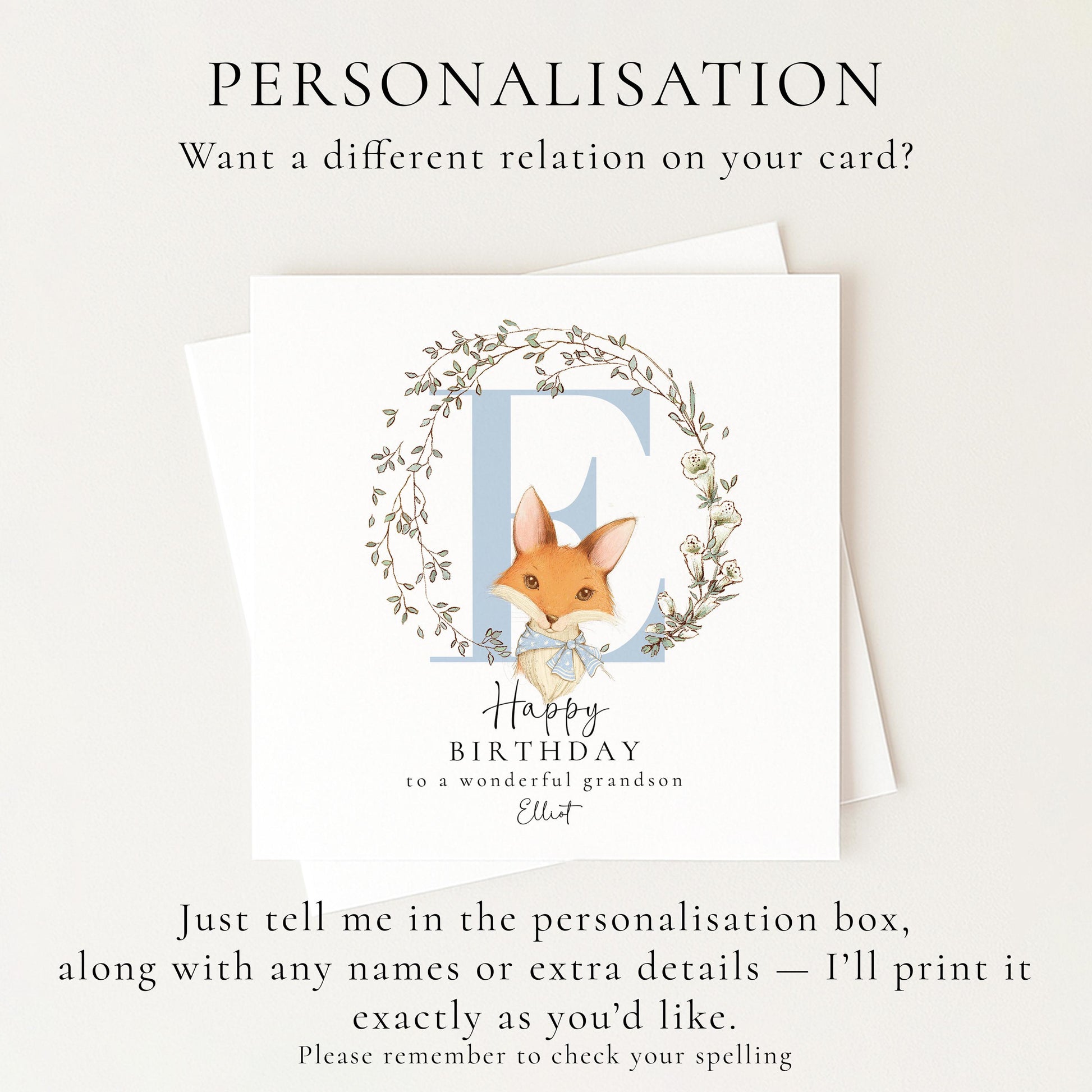 Grandson Birthday Card, Happy Birthday Grandson Card with Initial and Fox Design, Personalised Birthday Card