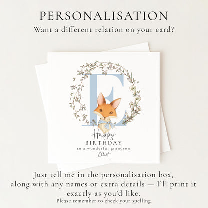 Grandson Birthday Card, Happy Birthday Grandson Card with Initial and Fox Design, Personalised Birthday Card