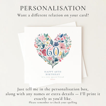 60th Birthday Card for Her, Floral Heart Milestone Birthday Card, Personalised Birthday Card for Women, Special Friend Card