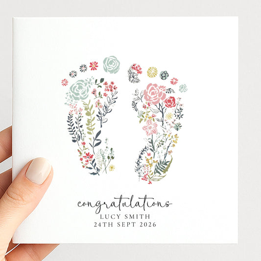 New Baby Card, Floral Baby Feet Card, Congratulations New Baby Card, Personalised Baby Card, Welcome Baby Card