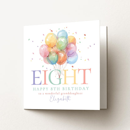 8th Birthday Card for Granddaughter, Happy 8th Birthday Granddaughter Card with Balloons, Personalised Birthday Card
