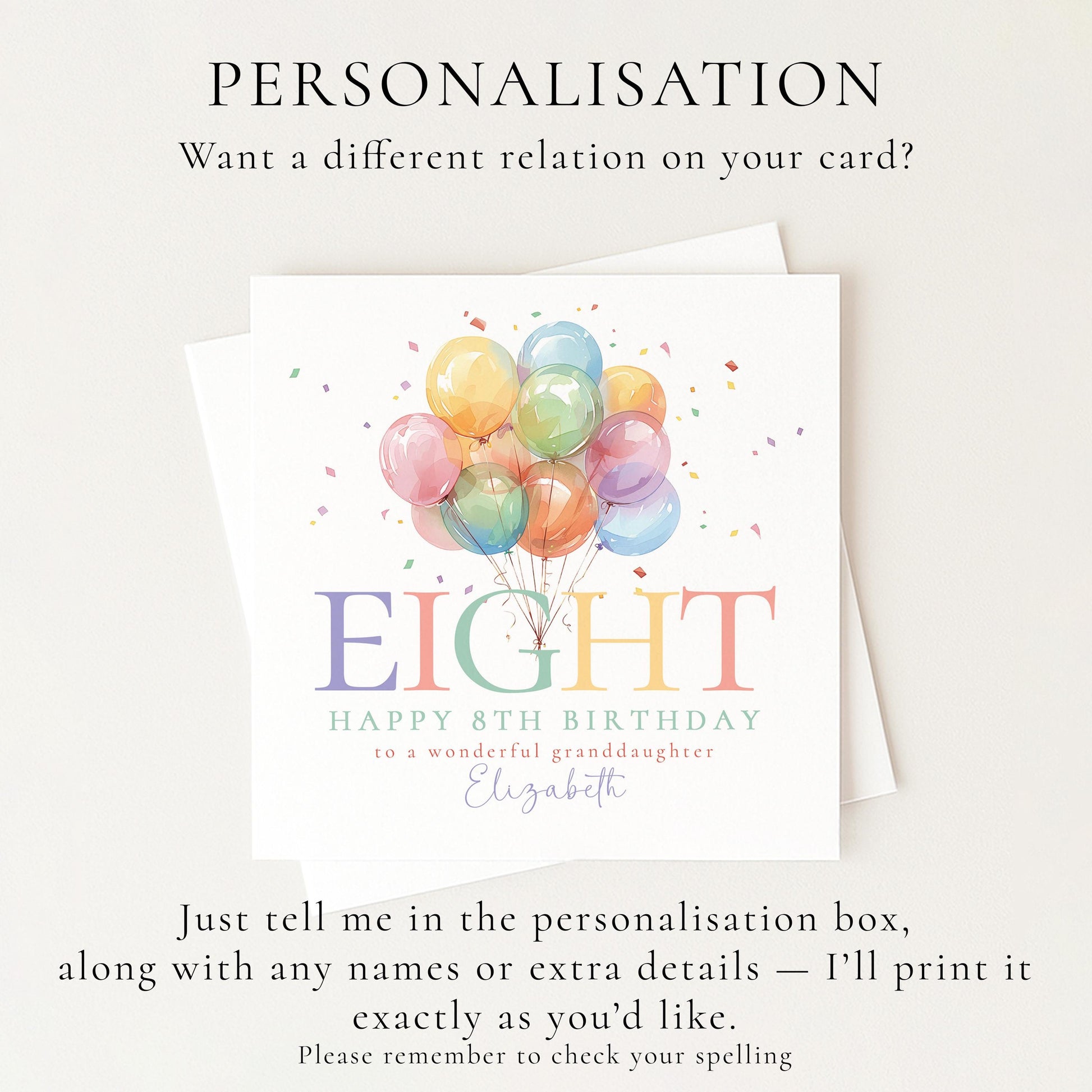 8th Birthday Card for Granddaughter, Happy 8th Birthday Granddaughter Card with Balloons, Personalised Birthday Card