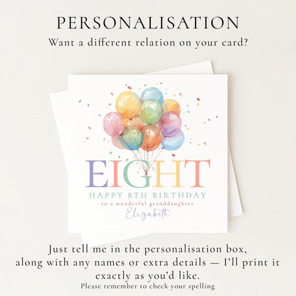 8th Birthday Card for Granddaughter, Happy 8th Birthday Granddaughter Card with Balloons, Personalised Birthday Card