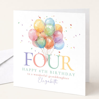 4th Birthday Card for Granddaughter, Happy 8th Birthday Granddaughter Card with Balloons, Personalised Birthday Card