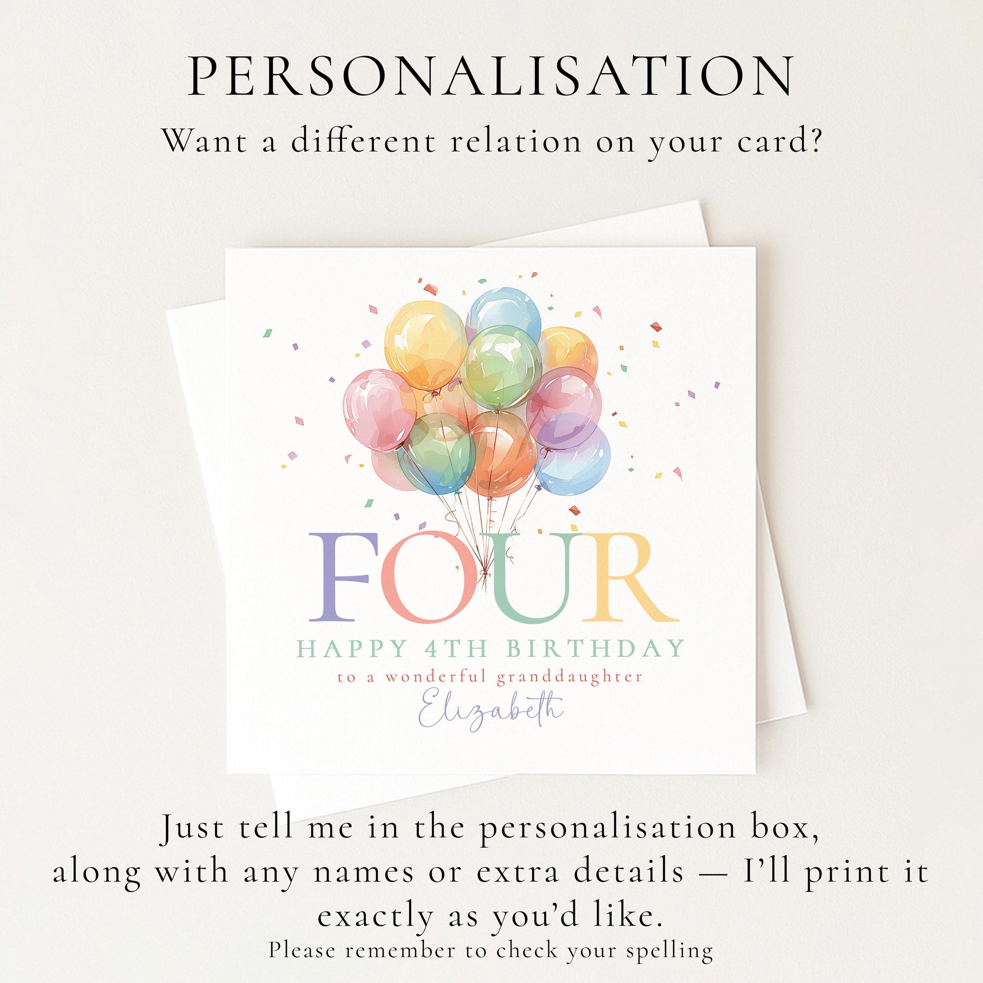 4th Birthday Card for Granddaughter, Happy 8th Birthday Granddaughter Card with Balloons, Personalised Birthday Card