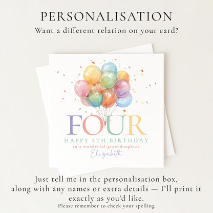 4th Birthday Card for Granddaughter, Happy 8th Birthday Granddaughter Card with Balloons, Personalised Birthday Card