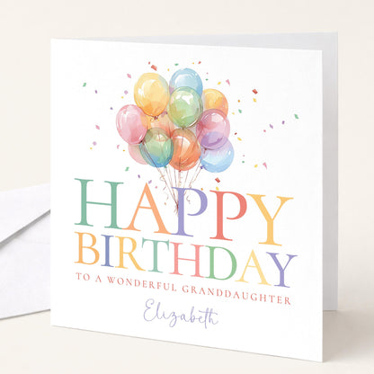 Granddaughter Birthday Card, Happy Birthday Granddaughter Card with Balloons, Personalised Birthday Card