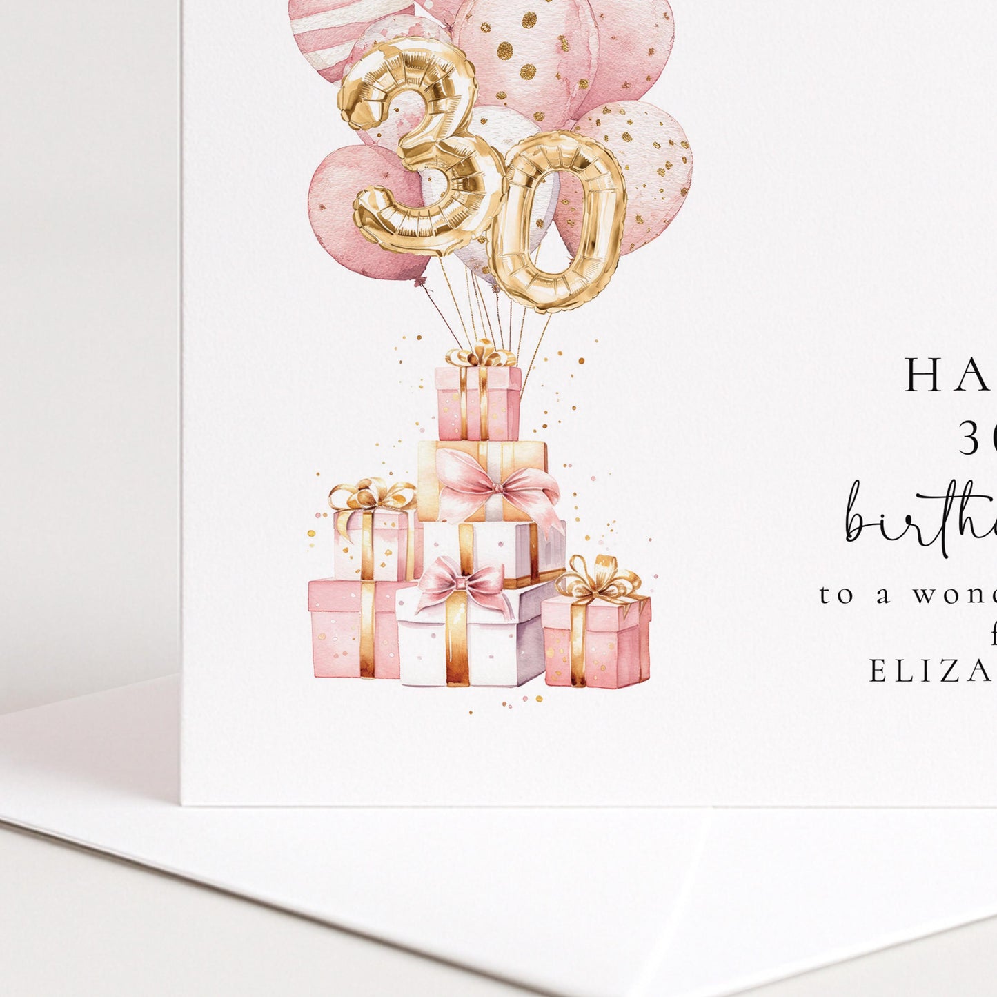 30th Birthday Card for Friend, Happy 30th Birthday Card with Balloons and Gifts, Personalised Birthday Card for Friend