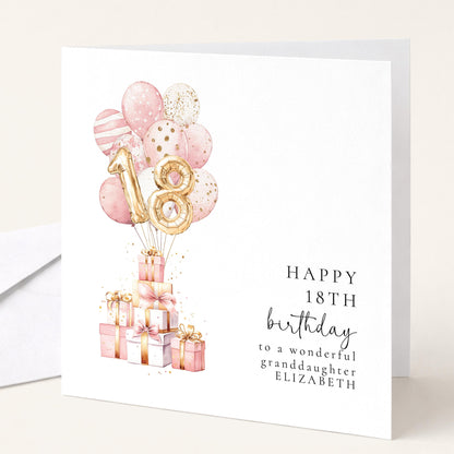 18th Birthday Card for Granddaughter, Happy 18th Birthday Card with Balloons and Gifts, Personalised Birthday Card for Granddaughter