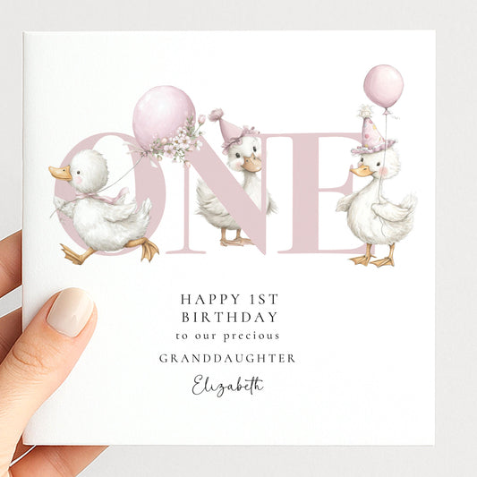 1st Birthday Card for Granddaughter, Happy First Birthday Granddaughter Card with Ducks, Personalised Birthday Card