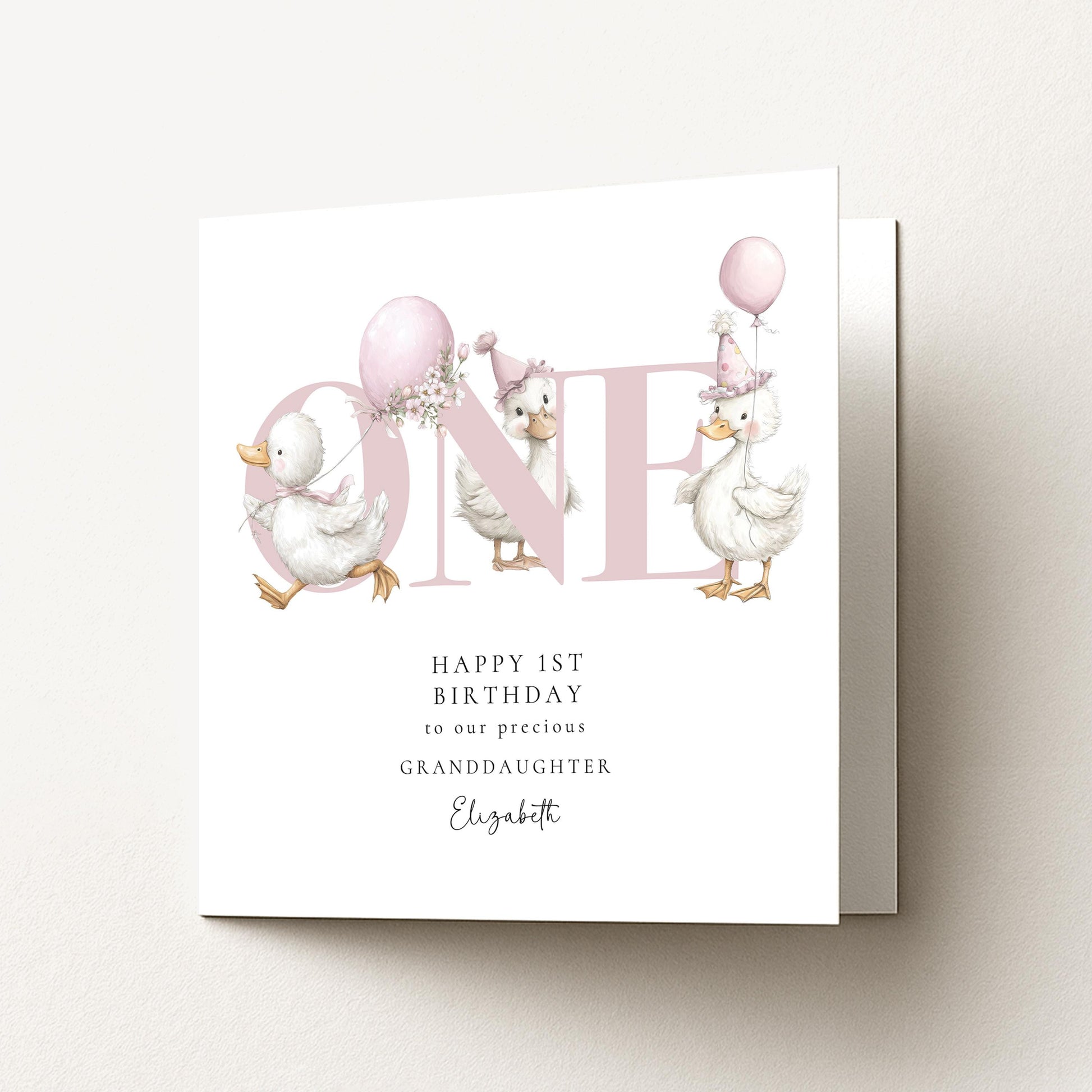1st Birthday Card for Granddaughter, Happy First Birthday Granddaughter Card with Ducks, Personalised Birthday Card