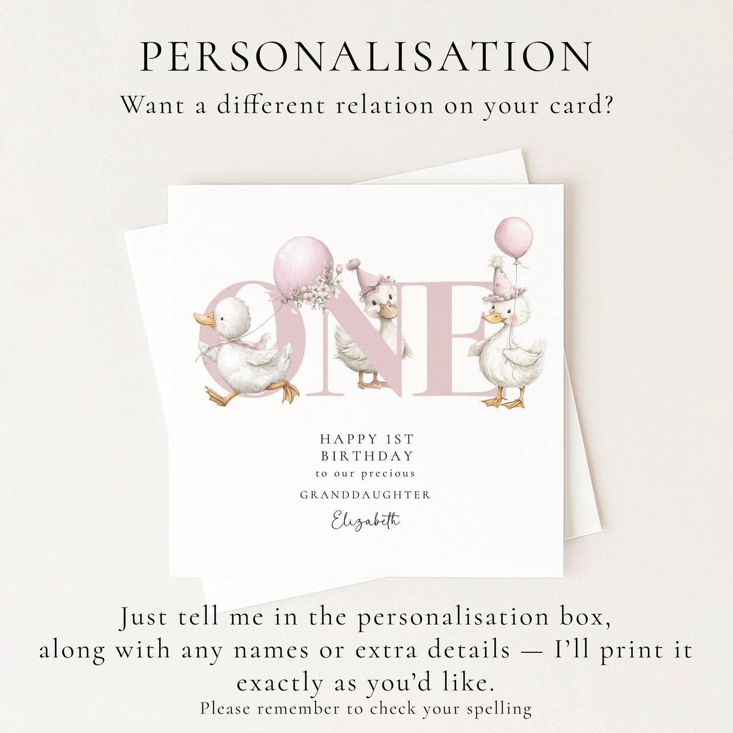 1st Birthday Card for Granddaughter, Happy First Birthday Granddaughter Card with Ducks, Personalised Birthday Card