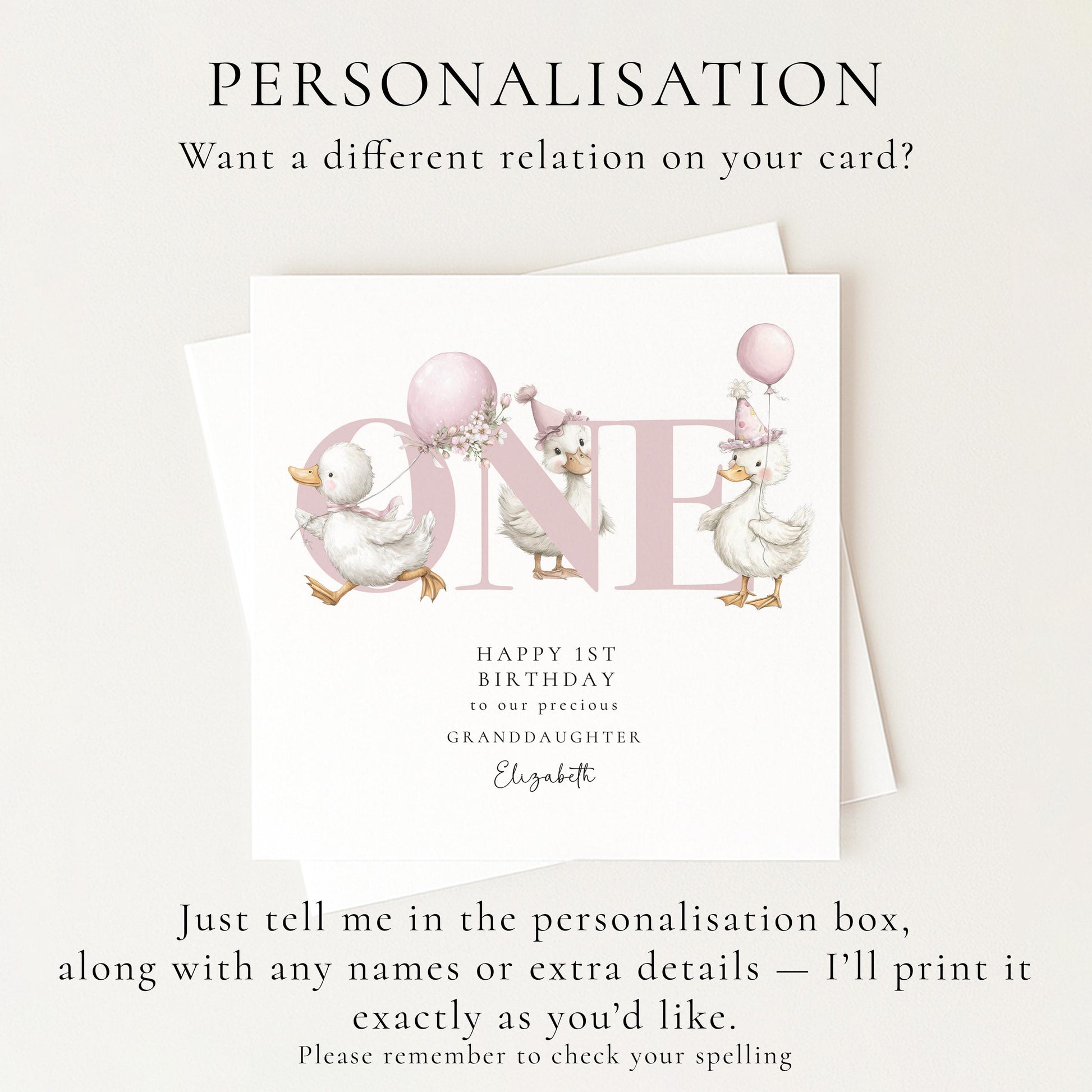 1st Birthday Card for Granddaughter, Happy First Birthday Granddaughter Card with Ducks, Personalised Birthday Card