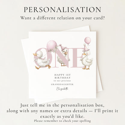 1st Birthday Card for Granddaughter, Happy First Birthday Granddaughter Card with Ducks, Personalised Birthday Card