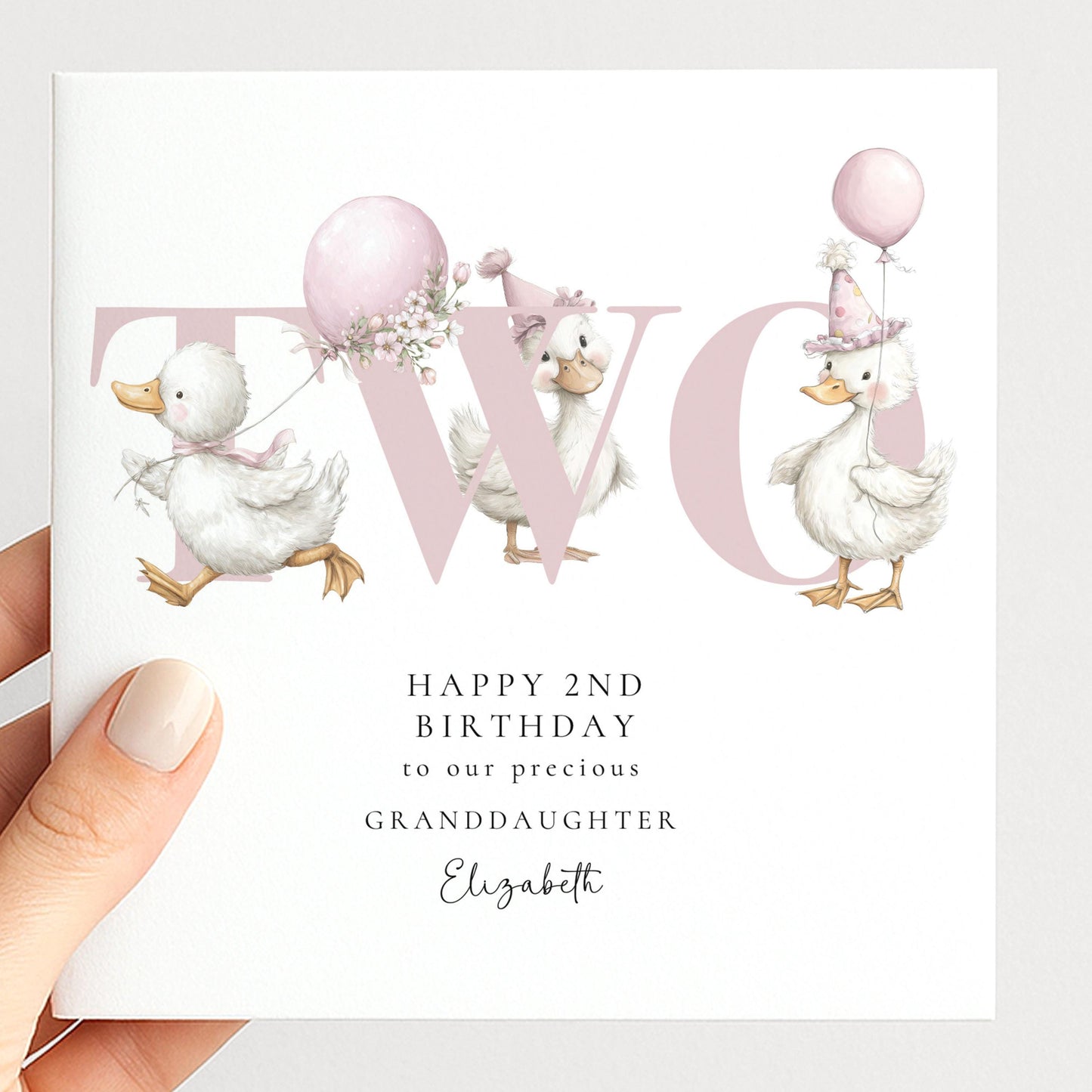 2nd Birthday Card for Granddaughter, Happy Second Birthday Granddaughter Card with Ducks, Personalised Birthday Card