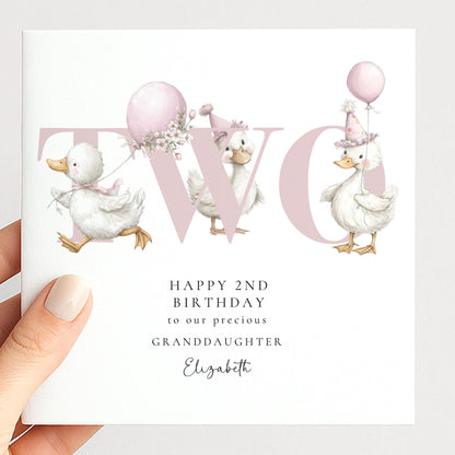 2nd Birthday Card for Granddaughter, Happy Second Birthday Granddaughter Card with Ducks, Personalised Birthday Card