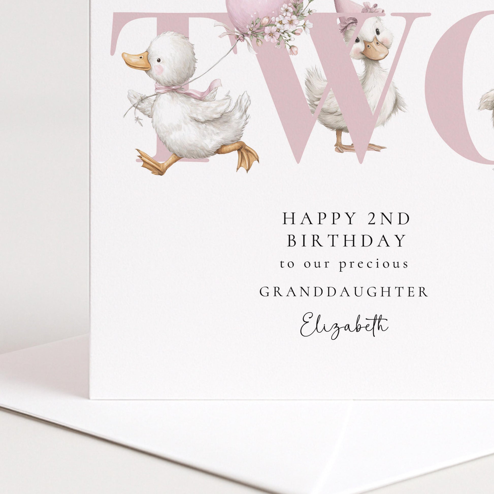 2nd Birthday Card for Granddaughter, Happy Second Birthday Granddaughter Card with Ducks, Personalised Birthday Card
