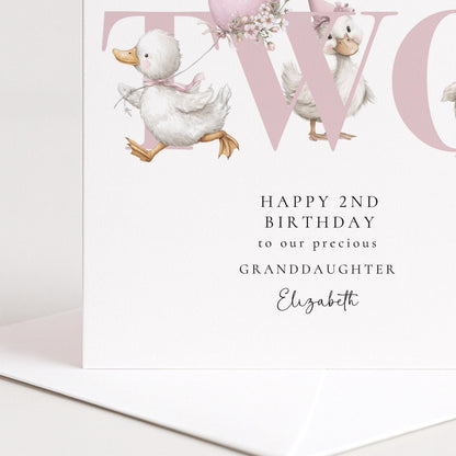 2nd Birthday Card for Granddaughter, Happy Second Birthday Granddaughter Card with Ducks, Personalised Birthday Card