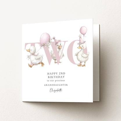 2nd Birthday Card for Granddaughter, Happy Second Birthday Granddaughter Card with Ducks, Personalised Birthday Card