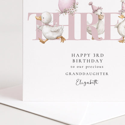 3rd Birthday Card for Granddaughter, Happy Third Birthday Granddaughter Card with Ducks, Personalised Birthday Card