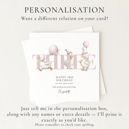 3rd Birthday Card for Granddaughter, Happy Third Birthday Granddaughter Card with Ducks, Personalised Birthday Card