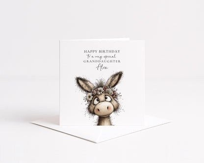 Birthday Card for Granddaughter, Cute Donkey Birthday Card, Floral Animal Birthday Card, Personalised Granddaughter Card