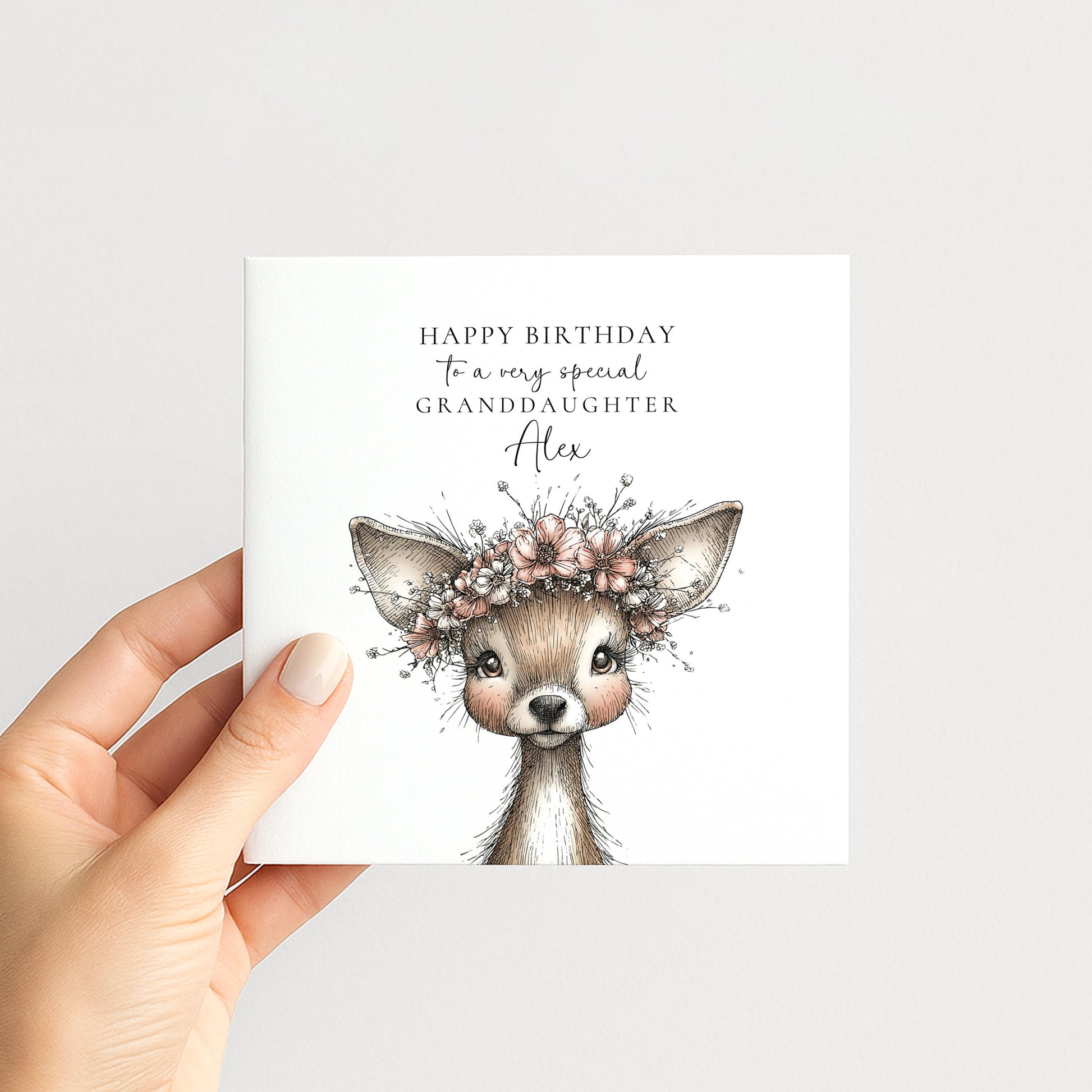 Birthday Card for Granddaughter, Cute Deer Birthday Card, Floral Animal Birthday Card, Personalised Granddaughter Card