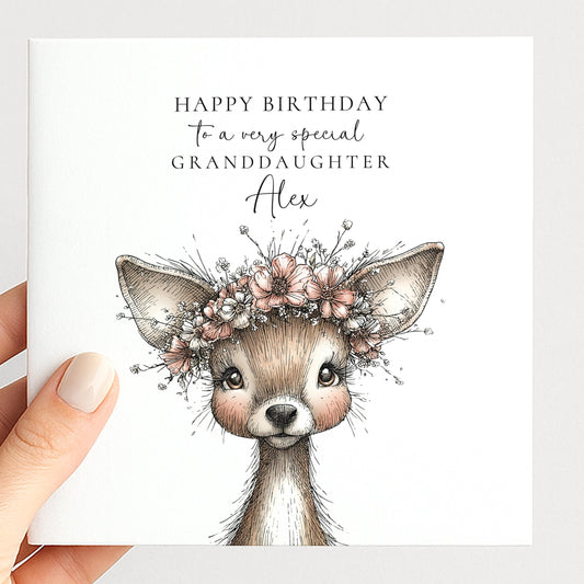 Birthday Card for Granddaughter, Cute Deer Birthday Card, Floral Animal Birthday Card, Personalised Granddaughter Card