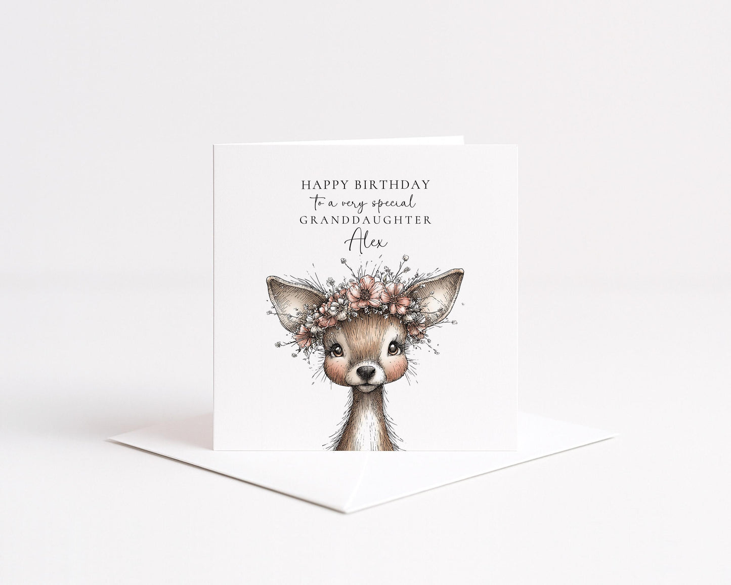 Birthday Card for Granddaughter, Cute Deer Birthday Card, Floral Animal Birthday Card, Personalised Granddaughter Card