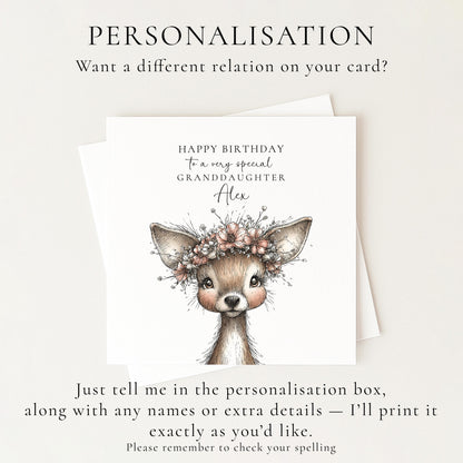 Birthday Card for Granddaughter, Cute Deer Birthday Card, Floral Animal Birthday Card, Personalised Granddaughter Card