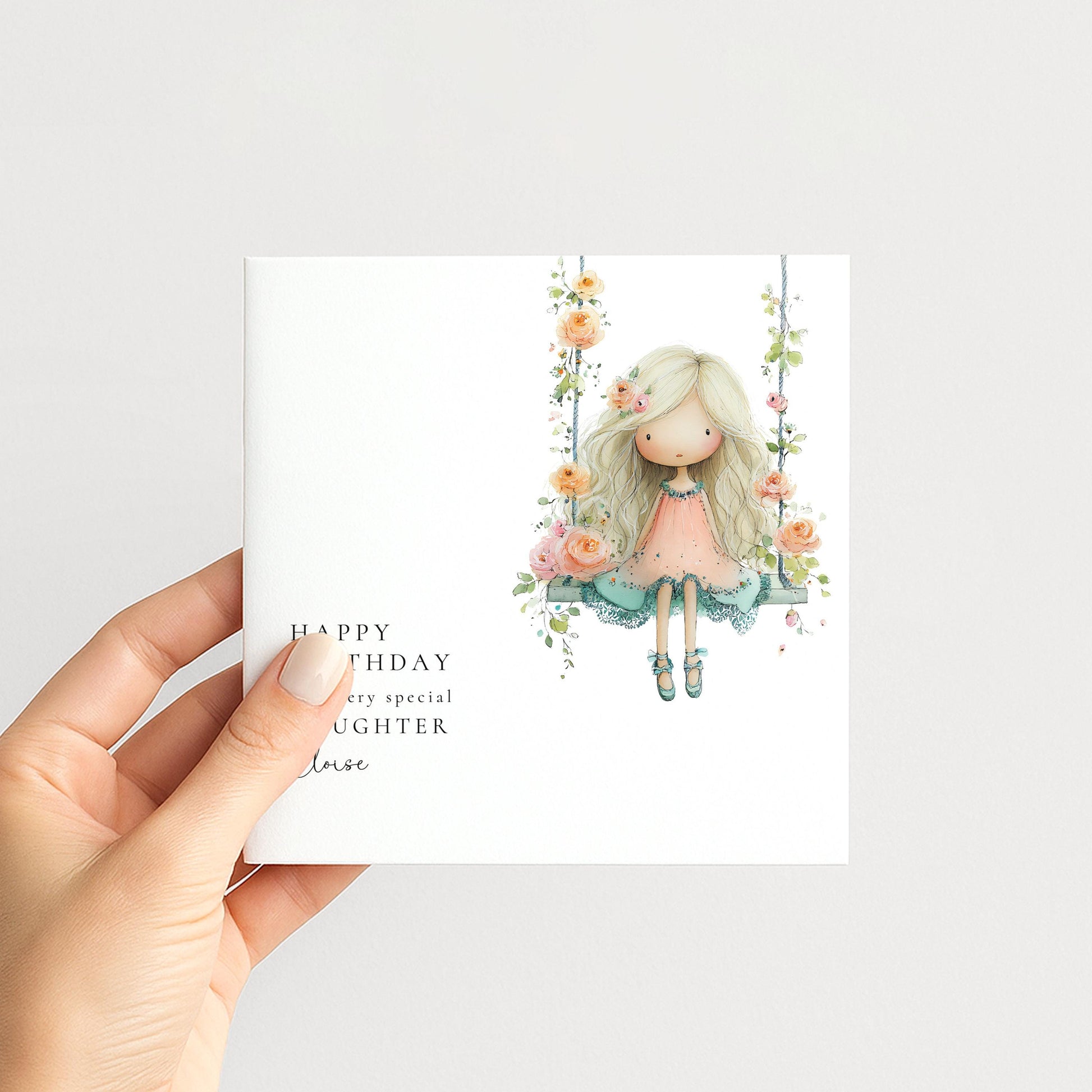 Birthday Card for Daughter, Cute Girl Birthday Card, Floral Swing Birthday Card, Personalised Daughter Birthday Card