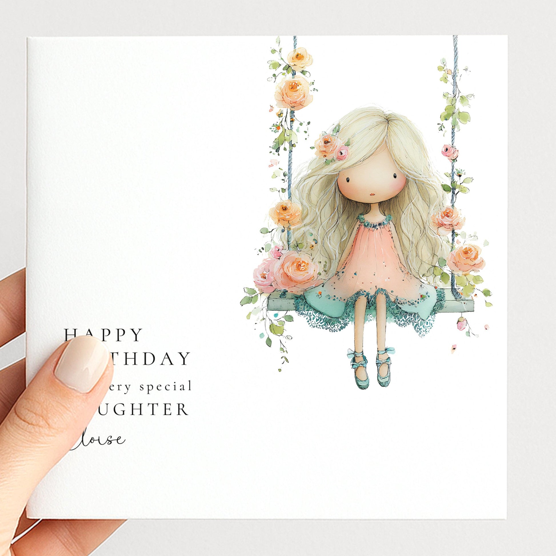Birthday Card for Daughter, Cute Girl Birthday Card, Floral Swing Birthday Card, Personalised Daughter Birthday Card