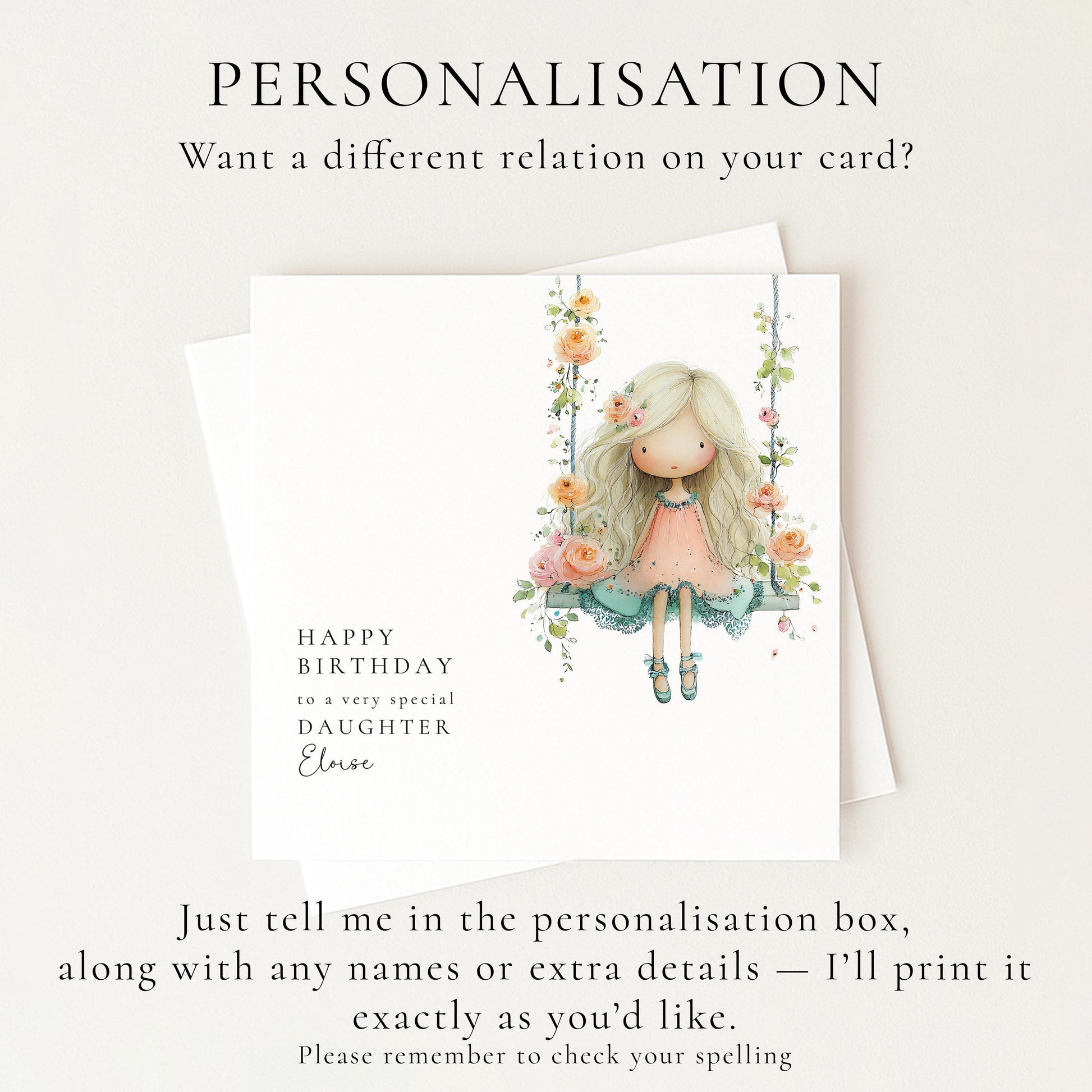 Birthday Card for Daughter, Cute Girl Birthday Card, Floral Swing Birthday Card, Personalised Daughter Birthday Card