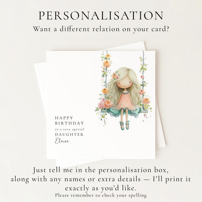 Birthday Card for Daughter, Cute Girl Birthday Card, Floral Swing Birthday Card, Personalised Daughter Birthday Card