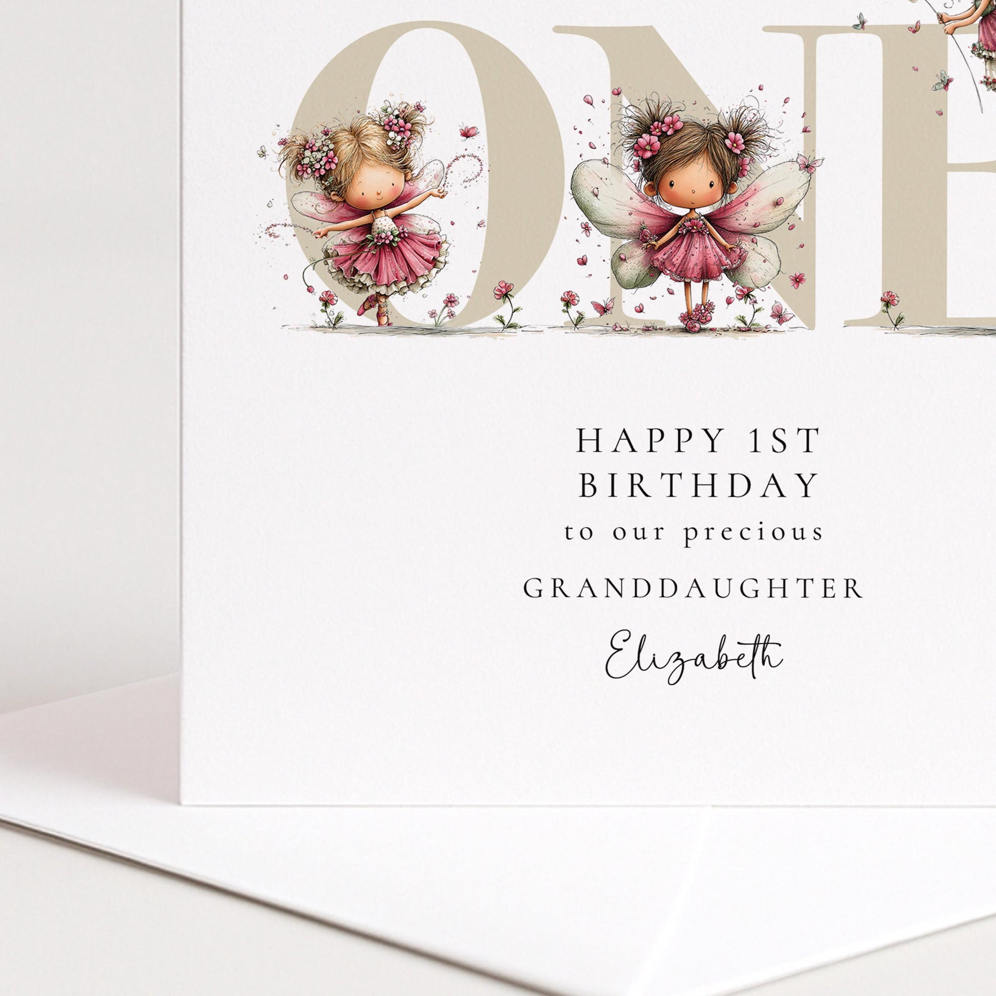 1st Birthday Card for Granddaughter, Happy 1st Birthday Granddaughter Card with Fairies, Personalised Fairy Birthday Card