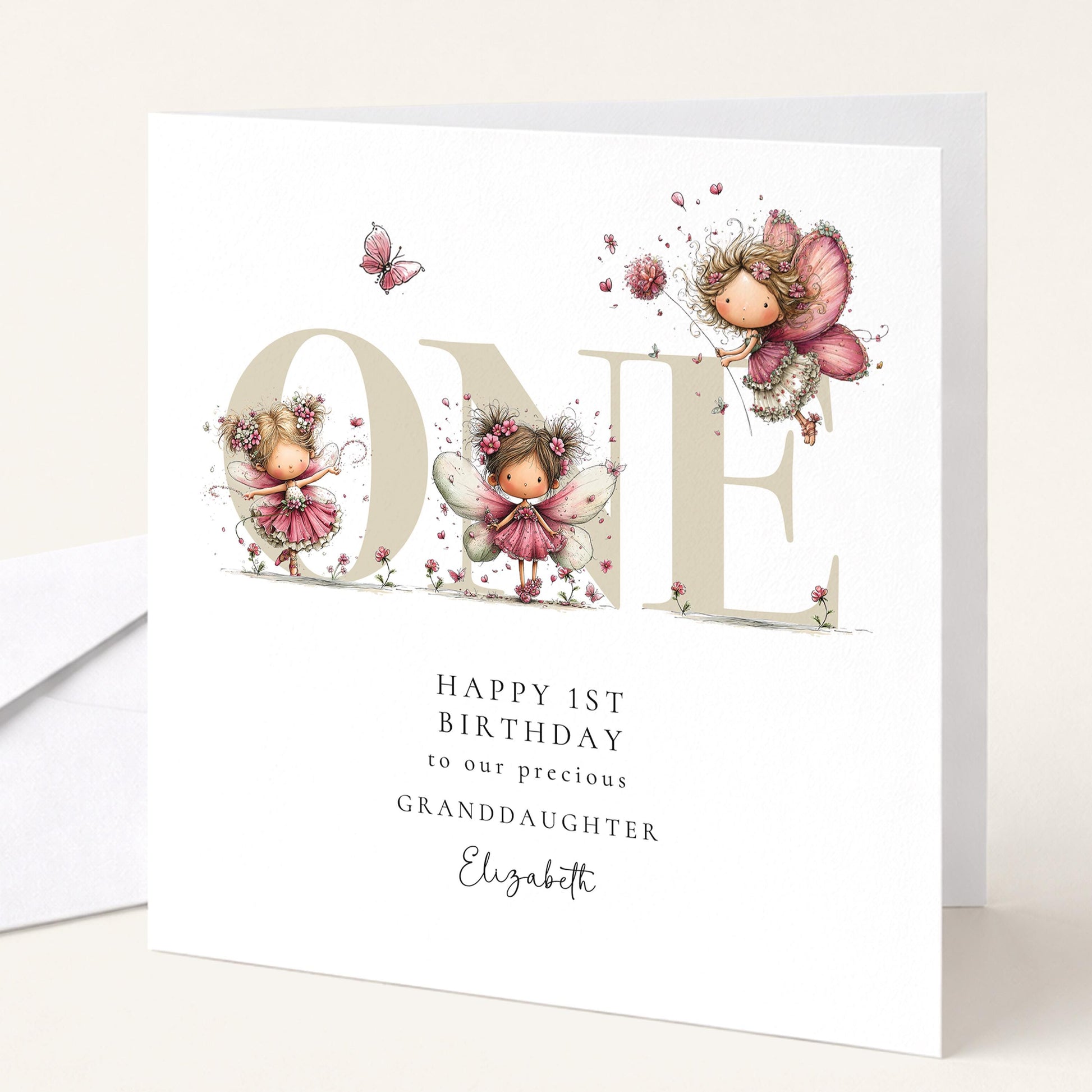 1st Birthday Card for Granddaughter, Happy 1st Birthday Granddaughter Card with Fairies, Personalised Fairy Birthday Card